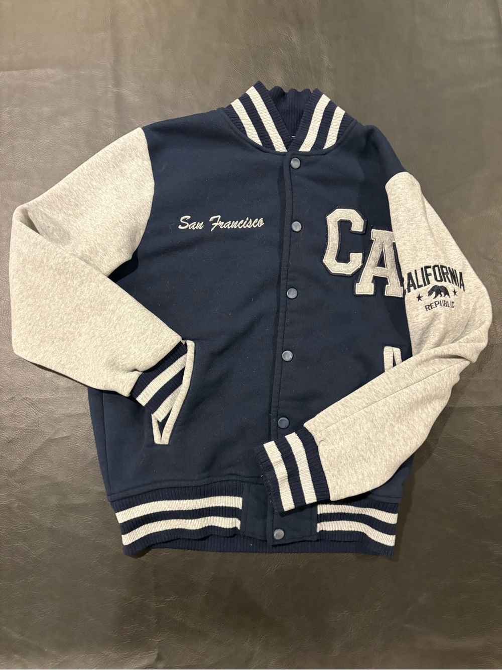 Men's Navy and Gray Varsity Bomber Jacket - San Francisco California Embroidered